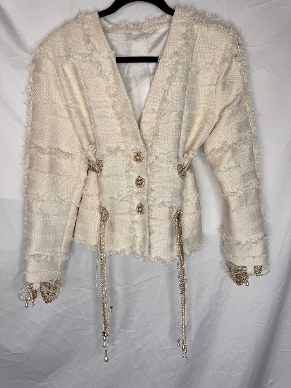 CHANEL Cream Tweed Fringe Jacket with Gold Chain, Pearls & CC Charm Accents